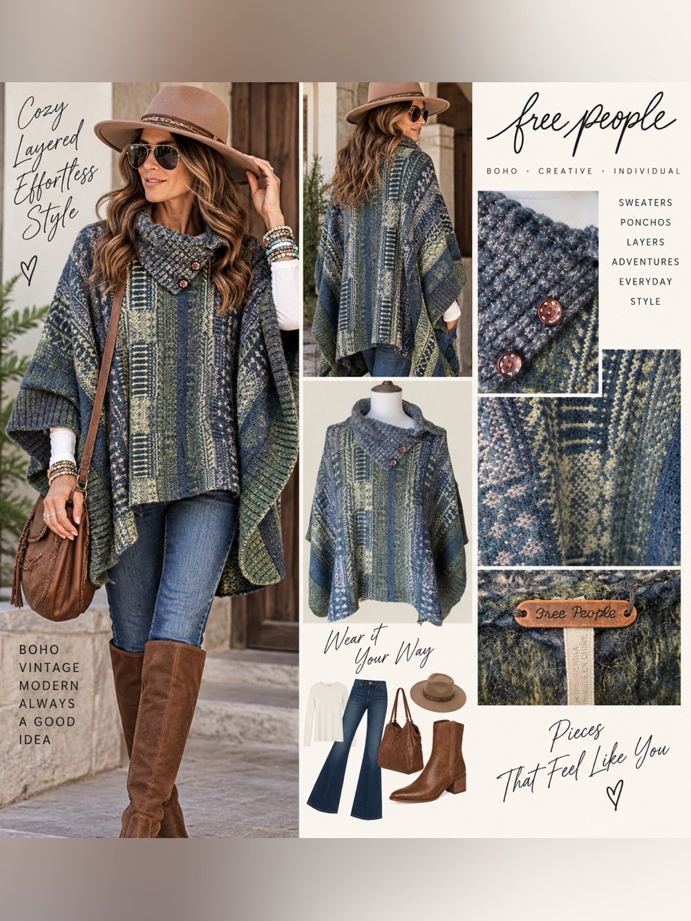 Free People Willow Poncho Sweater Fair Isle Alpaca Wool Blend Cowl Neck Boho
